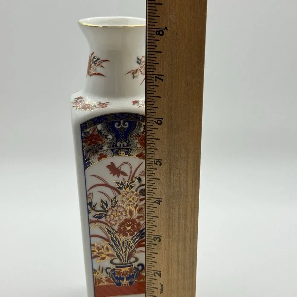 Imari Style Porcelain Bud Vase Square Floral Gold Gilt Blue Orange 8